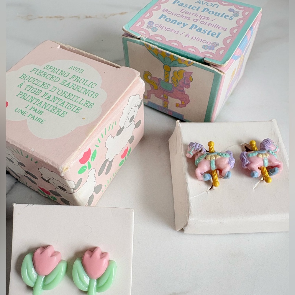 Vintage 90s Avon Stud Earrings Tulip Carousel Pony Lot Kids Pastel Spring NIB
